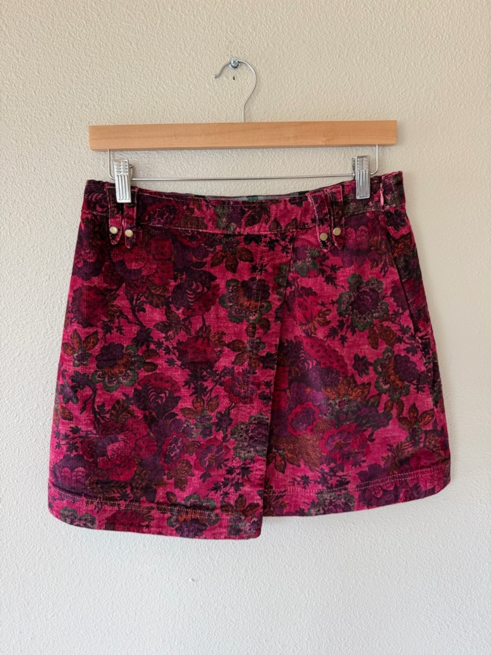 Anthropologie Pilcro Floral Cord Corduroy Mini Skirt Faux Wrap Berry Mix Size 8